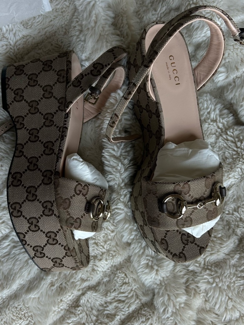 Gucci Beige Brown GG Canvas Platform Sandals with Gold Horsebit